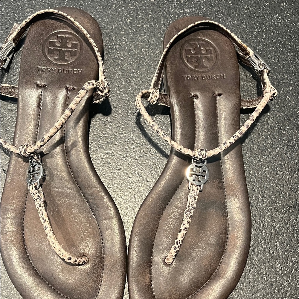 Tory Burch Dark Brown Sandals with Patterned Straps